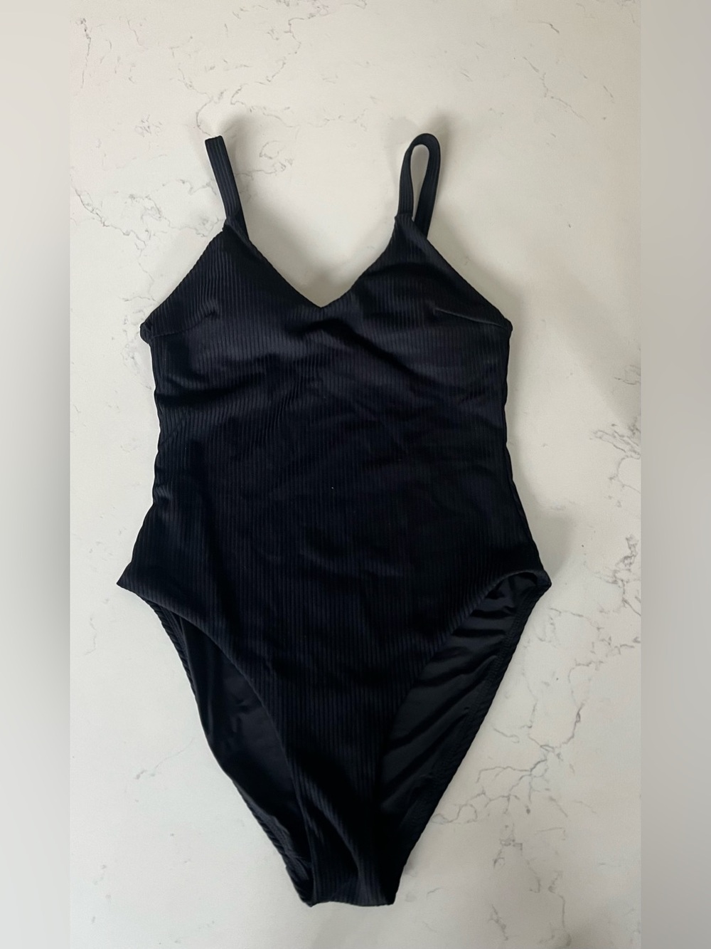 Ribbed Black One-Piece Swimsuit with V-Neck